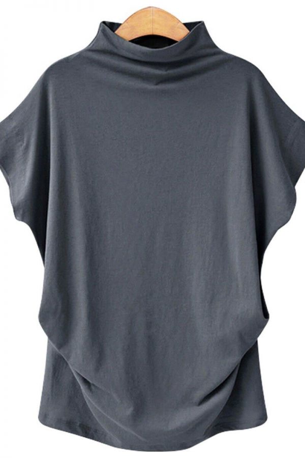 The Best Women Casual Summer T Shirt Short Batwing Sleeve Loose Tops Solid Black Gray Turtleneck Tee Shirt T-Shirts Ladies Tees Tops Online - Takalr