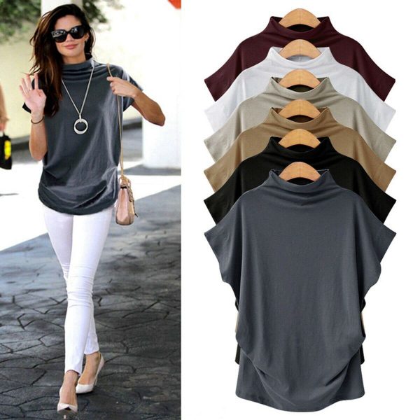 The Best Women Casual Summer T Shirt Short Batwing Sleeve Loose Tops Solid Black Gray Turtleneck Tee Shirt T-Shirts Ladies Tees Tops Online - Takalr