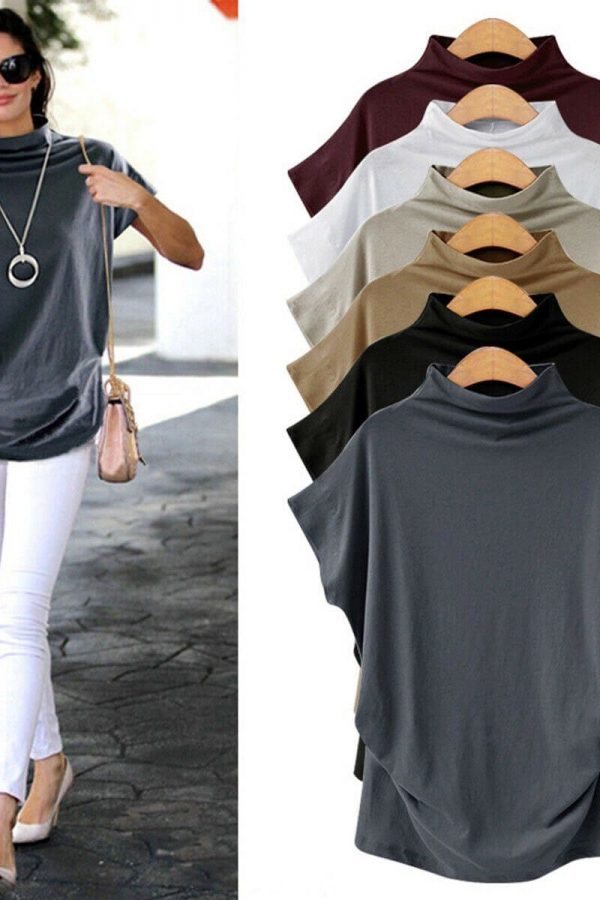 The Best Women Casual Summer T Shirt Short Batwing Sleeve Loose Tops Solid Black Gray Turtleneck Tee Shirt T-Shirts Ladies Tees Tops Online - Takalr