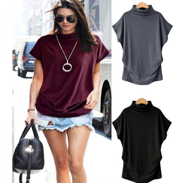 The Best Women Casual Summer T Shirt Short Batwing Sleeve Loose Tops Solid Black Gray Turtleneck Tee Shirt T-Shirts Ladies Tees Tops Online - Takalr