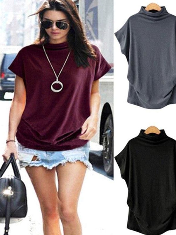 The Best Women Casual Summer T Shirt Short Batwing Sleeve Loose Tops Solid Black Gray Turtleneck Tee Shirt T-Shirts Ladies Tees Tops Online - Takalr