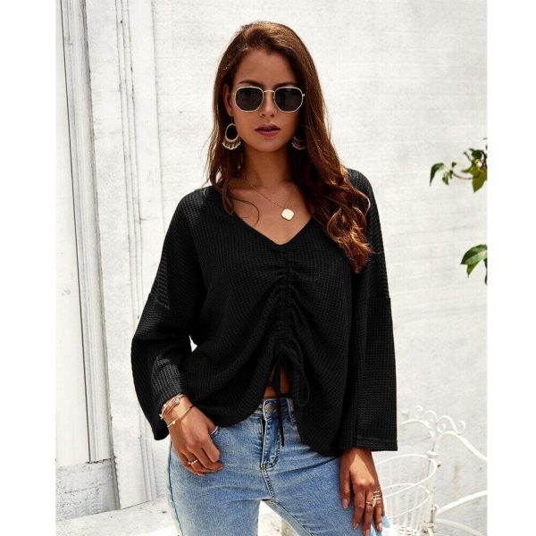 The Best Women Casual Tops T Shirt Lady Office Wears V Neck Loose Long Sleeve Cotton Knit Outwear Streetwear Online - Source Silk