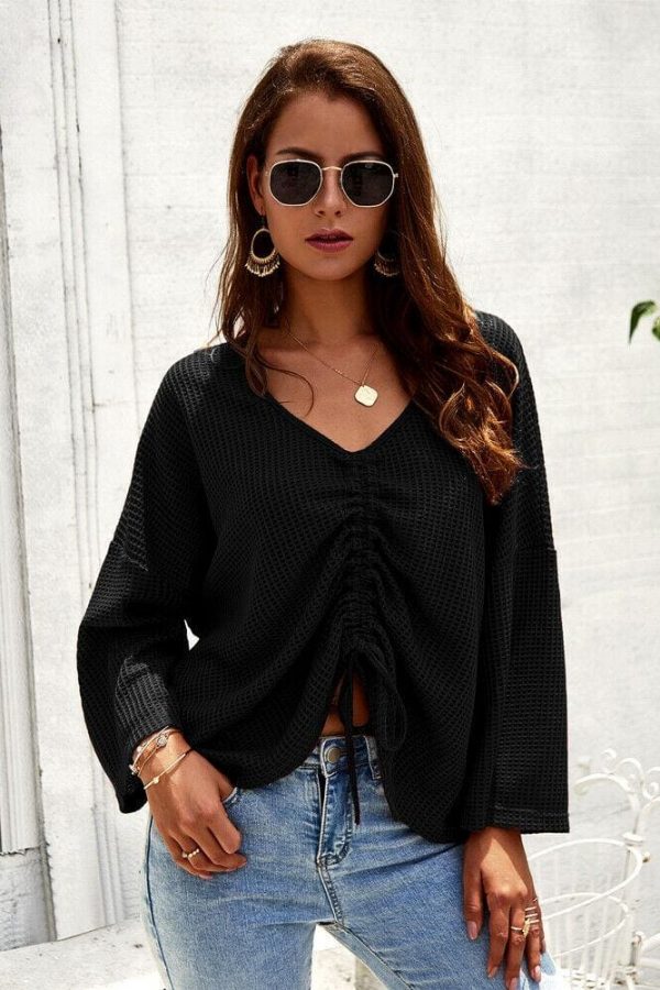 The Best Women Casual Tops T Shirt Lady Office Wears V Neck Loose Long Sleeve Cotton Knit Outwear Streetwear Online - Source Silk