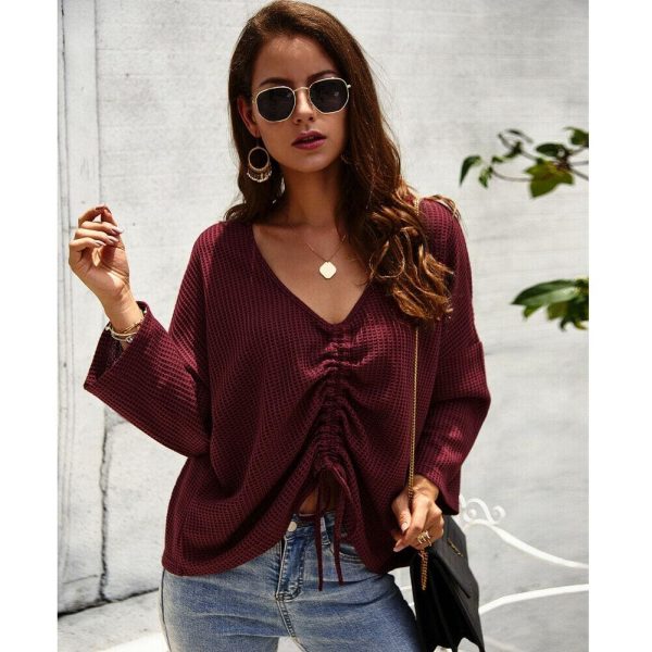 The Best Women Casual Tops T Shirt Lady Office Wears V Neck Loose Long Sleeve Cotton Knit Outwear Streetwear Online - Source Silk