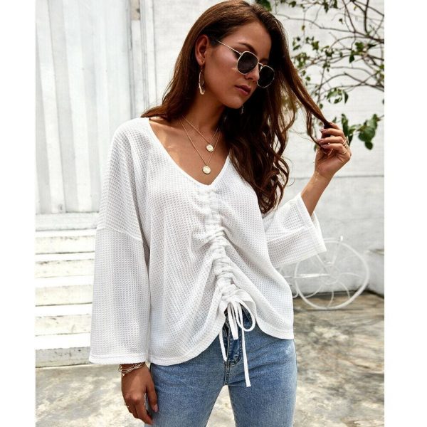 The Best Women Casual Tops T Shirt Lady Office Wears V Neck Loose Long Sleeve Cotton Knit Outwear Streetwear Online - Source Silk