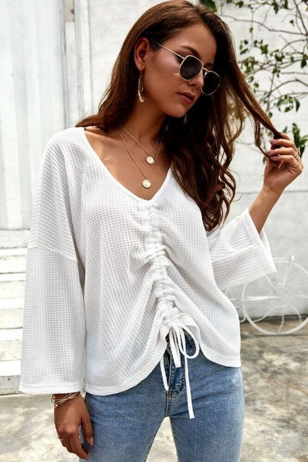 The Best Women Casual Tops T Shirt Lady Office Wears V Neck Loose Long Sleeve Cotton Knit Outwear Streetwear Online - Source Silk