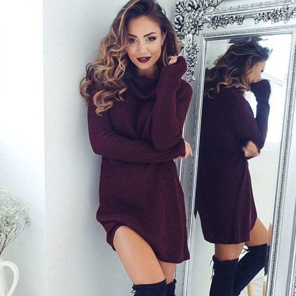 The Best Women Casual Turtleneck Pullover Long Knitted Oversize Long Sleeve Jumper Sweaters Shirt Tops Dresses Online - Takalr