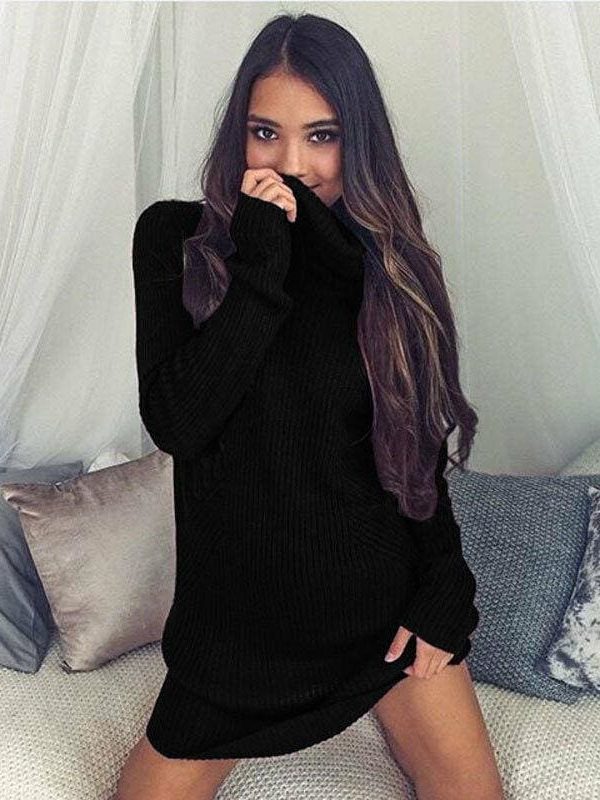 The Best Women Casual Turtleneck Pullover Long Knitted Oversize Long Sleeve Jumper Sweaters Shirt Tops Dresses Online - Takalr