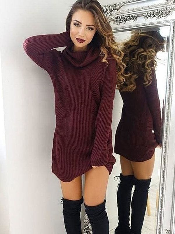 The Best Women Casual Turtleneck Pullover Long Knitted Oversize Long Sleeve Jumper Sweaters Shirt Tops Dresses Online - Takalr