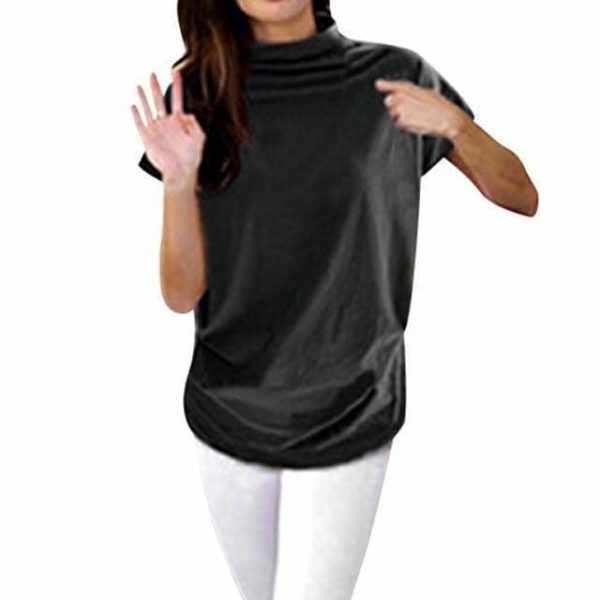 The Best Women Casual Turtleneck Short Sleeve Cotton Blouse Top Shirt Online - Takalr