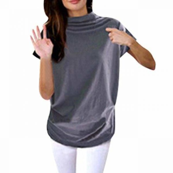 The Best Women Casual Turtleneck Short Sleeve Cotton Blouse Top Shirt Online - Takalr