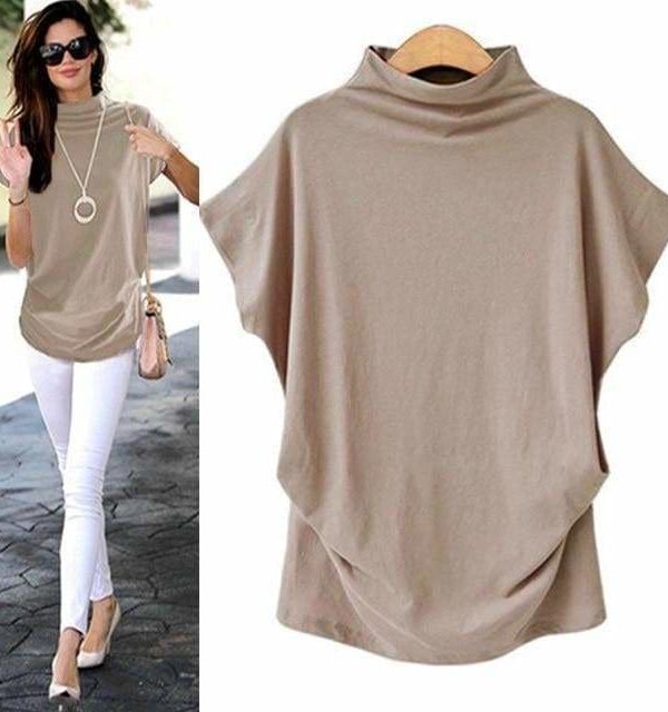 The Best Women Casual Turtleneck Short Sleeve Cotton Blouse Top Shirt Online - Takalr