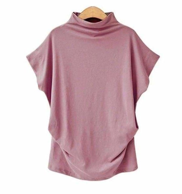 The Best Women Casual Turtleneck Short Sleeve Cotton Blouse Top Shirt Online - Takalr