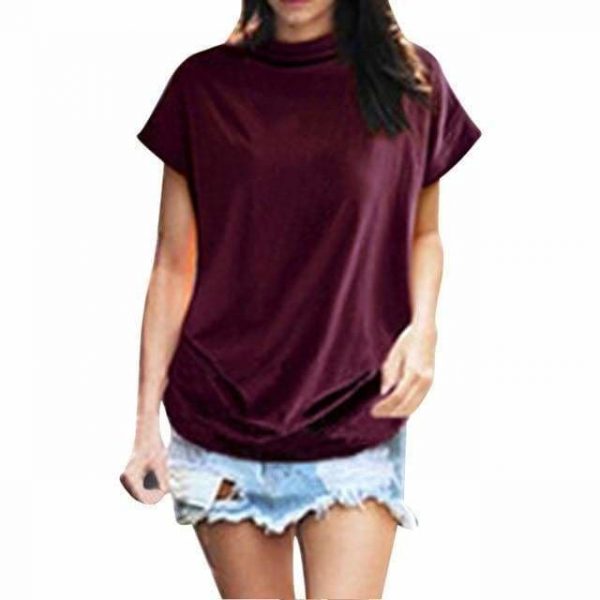 The Best Women Casual Turtleneck Short Sleeve Cotton Blouse Top Shirt Online - Takalr