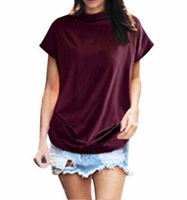 The Best Women Casual Turtleneck Short Sleeve Cotton Blouse Top Shirt Online - Takalr