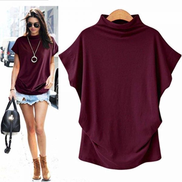 The Best Women Casual Turtleneck Short Sleeve Cotton Blouse Top Shirt Online - Takalr