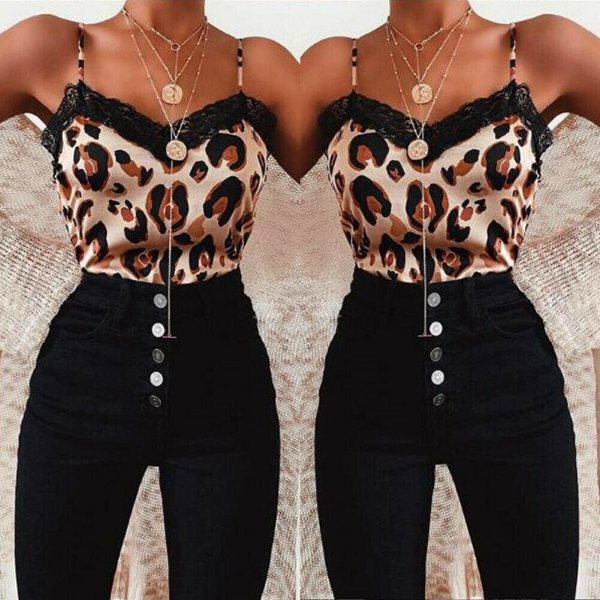 The Best Women Casual V Neck Leopard Print Lace Camisole Ladies Summer Holiday Tank Vest Blouse Cami Crop Tops New Online - Takalr