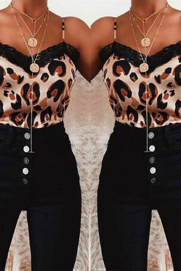 The Best Women Casual V Neck Leopard Print Lace Camisole Ladies Summer Holiday Tank Vest Blouse Cami Crop Tops New Online - Takalr