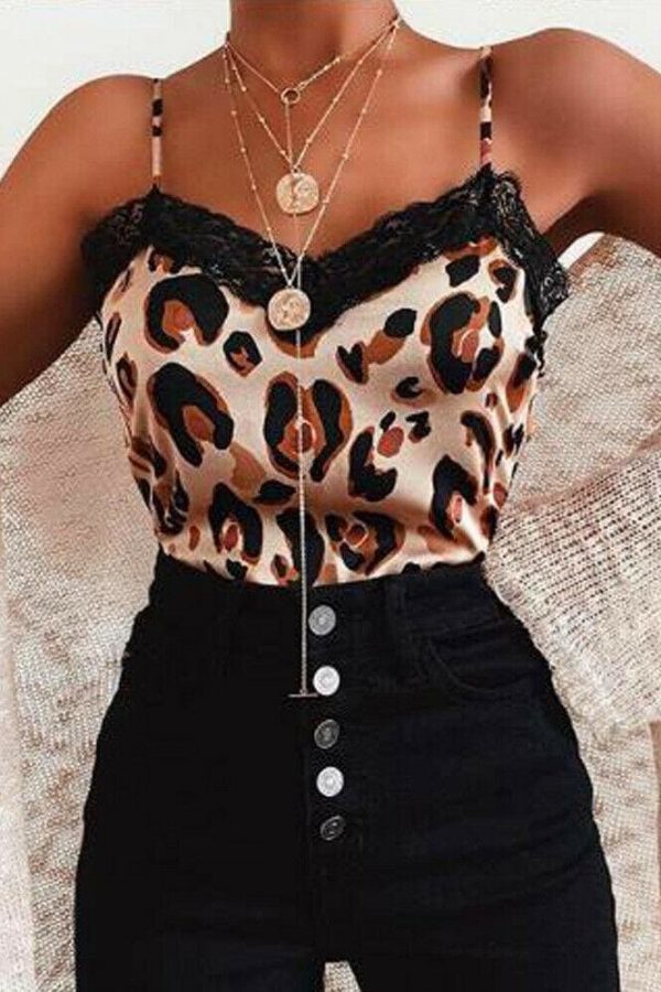 The Best Women Casual V Neck Leopard Print Lace Camisole Ladies Summer Holiday Tank Vest Blouse Cami Crop Tops New Online - Takalr