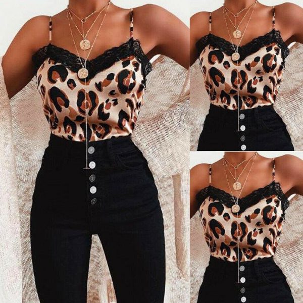 The Best Women Casual V Neck Leopard Print Lace Camisole Ladies Summer Holiday Tank Vest Blouse Cami Crop Tops New Online - Takalr