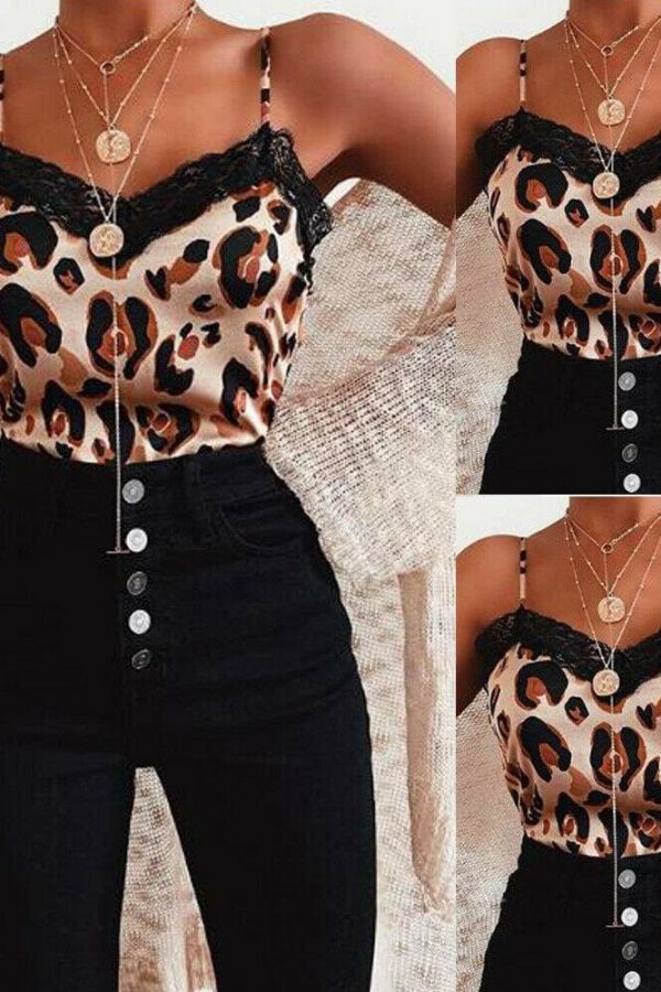 The Best Women Casual V Neck Leopard Print Lace Camisole Ladies Summer Holiday Tank Vest Blouse Cami Crop Tops New Online - Takalr