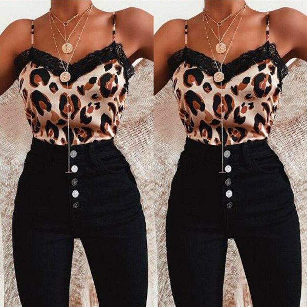 The Best Women Casual V Neck Leopard Print Lace Camisole Ladies Summer Holiday Tank Vest Blouse Cami Crop Tops New Online - Takalr