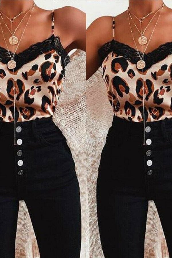 The Best Women Casual V Neck Leopard Print Lace Camisole Ladies Summer Holiday Tank Vest Blouse Cami Crop Tops New Online - Takalr