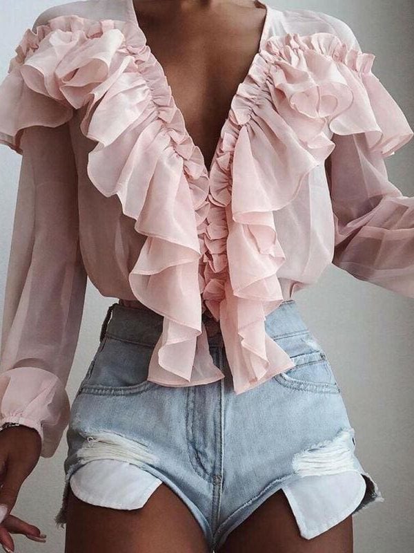 The Best Women Chiffon Solid Color V-Neck Ruffle Trim Blouse Casual Long Sleeve Loose Top Ladies Holiday Clothing Streetwear Online - Takalr