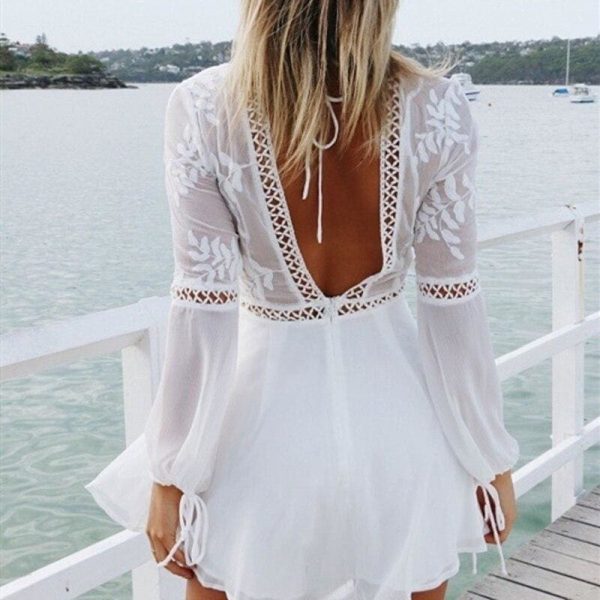 The Best Women Chiffon White Long Sleeve Lace V-neck Long Sleeve Party Evening Cocktail Short Mini Dress Online - Source Silk