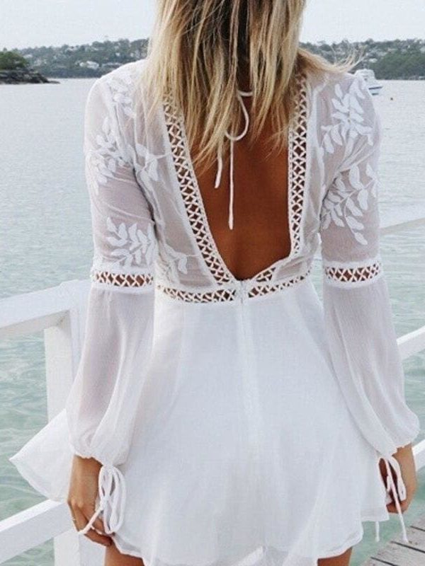 The Best Women Chiffon White Long Sleeve Lace V-neck Long Sleeve Party Evening Cocktail Short Mini Dress Online - Source Silk