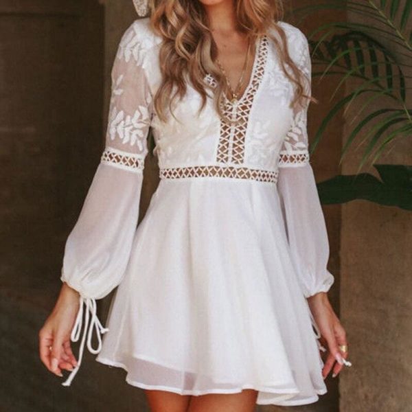 The Best Women Chiffon White Long Sleeve Lace V-neck Long Sleeve Party Evening Cocktail Short Mini Dress Online - Source Silk