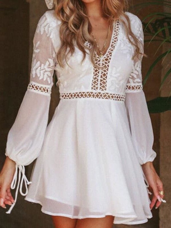 The Best Women Chiffon White Long Sleeve Lace V-neck Long Sleeve Party Evening Cocktail Short Mini Dress Online - Source Silk