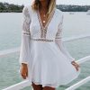 The Best Women Chiffon White Long Sleeve Lace V-neck Long Sleeve Party Evening Cocktail Short Mini Dress Online - Source Silk