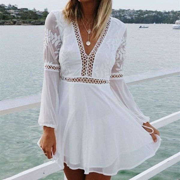 The Best Women Chiffon White Long Sleeve Lace V-neck Long Sleeve Party Evening Cocktail Short Mini Dress Online - Source Silk