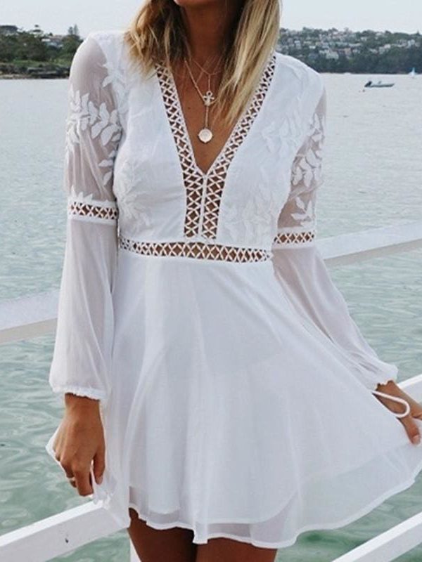 The Best Women Chiffon White Long Sleeve Lace V-neck Long Sleeve Party Evening Cocktail Short Mini Dress Online - Source Silk