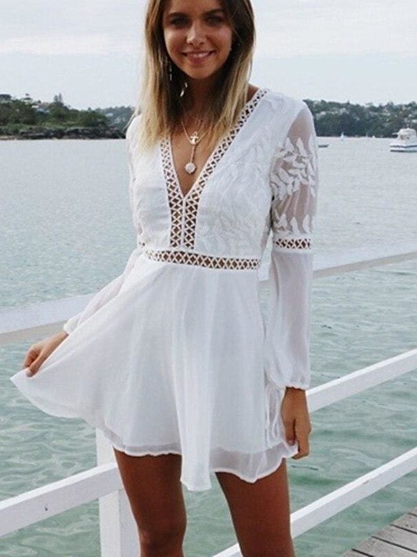 The Best Women Chiffon White Long Sleeve Lace V-neck Long Sleeve Party Evening Cocktail Short Mini Dress Online - Source Silk