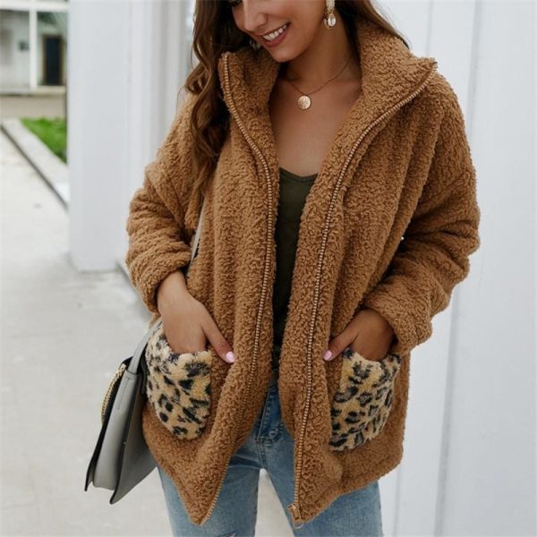 The Best Women Coats And Jackets Plus Size Leopard Pocket Winter Warm Fleece Coats Online - Takalr