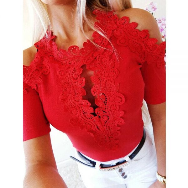 The Best Women Cold Shoulder Shirt Tops New Fashion Ladies Short Sleeve Lace Hollow Out Summer Solid Casual Shirts Blouse Online - Takalr