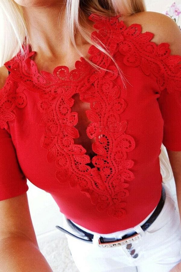 The Best Women Cold Shoulder Shirt Tops New Fashion Ladies Short Sleeve Lace Hollow Out Summer Solid Casual Shirts Blouse Online - Takalr