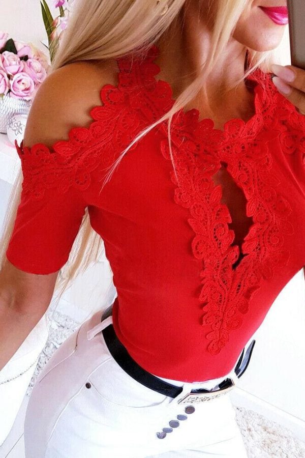 The Best Women Cold Shoulder Shirt Tops New Fashion Ladies Short Sleeve Lace Hollow Out Summer Solid Casual Shirts Blouse Online - Takalr