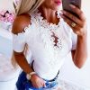 The Best Women Cold Shoulder Shirt Tops New Fashion Ladies Short Sleeve Lace Hollow Out Summer Solid Casual Shirts Blouse Online - Takalr