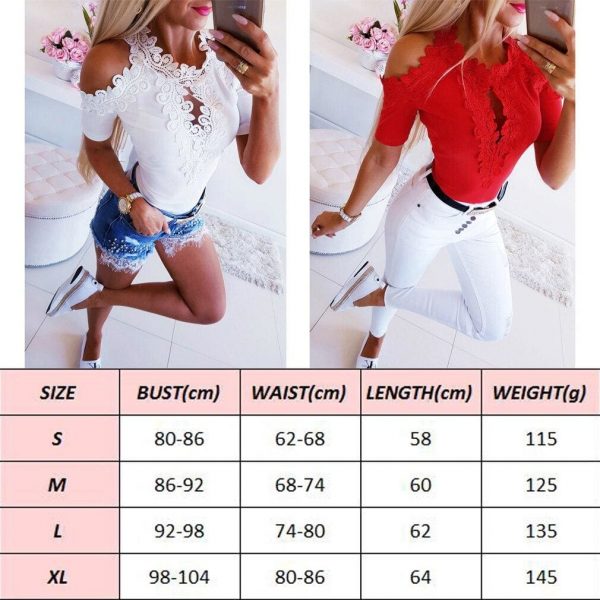 The Best Women Cold Shoulder Shirt Tops New Fashion Ladies Short Sleeve Lace Hollow Out Summer Solid Casual Shirts Blouse Online - Takalr