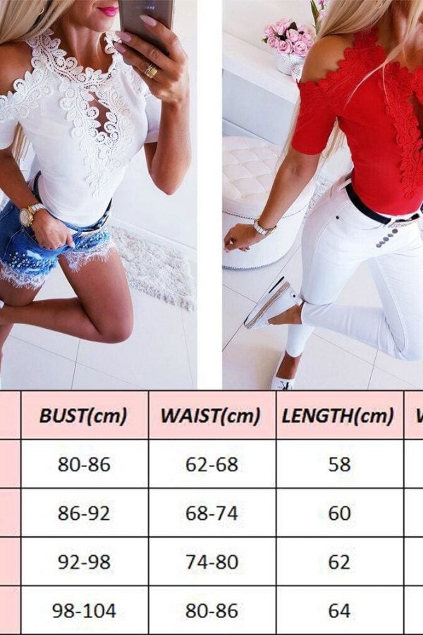 The Best Women Cold Shoulder Shirt Tops New Fashion Ladies Short Sleeve Lace Hollow Out Summer Solid Casual Shirts Blouse Online - Takalr