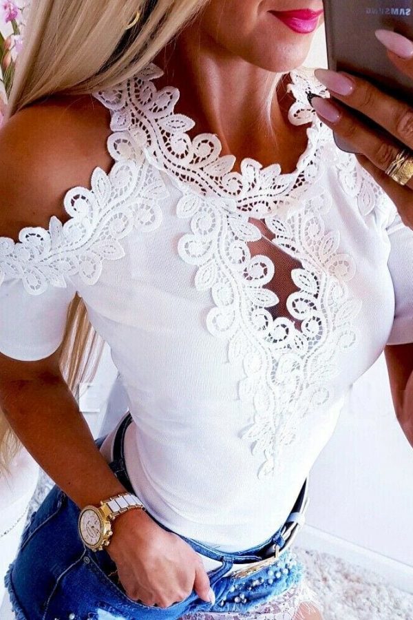 The Best Women Cold Shoulder Shirt Tops New Fashion Ladies Short Sleeve Lace Hollow Out Summer Solid Casual Shirts Blouse Online - Takalr