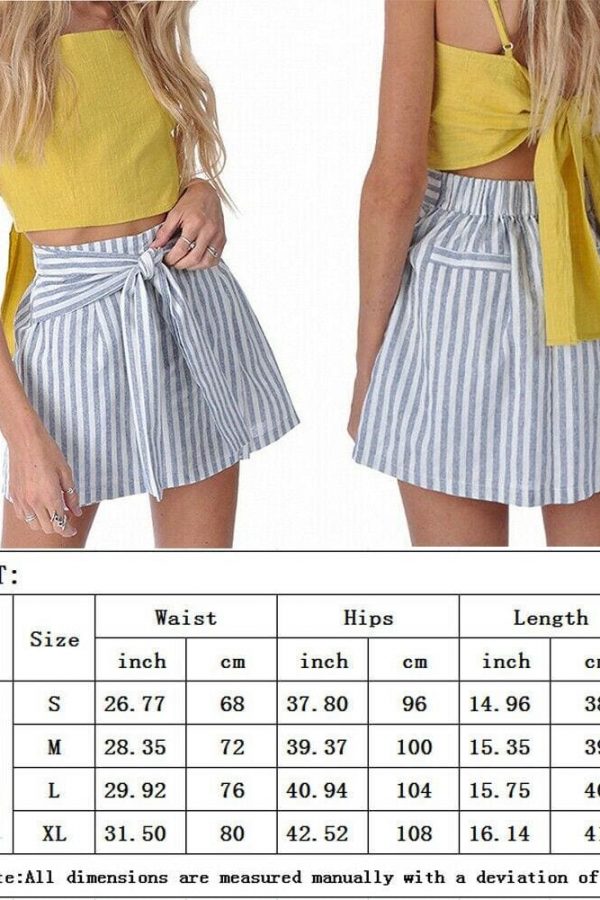 The Best Women Cotton&Linen Tennis High Waist Knot Skater Striped Pleated Flared A Line Circle Elastic Stretch Waist Short Mini Skirt Online - Takalr