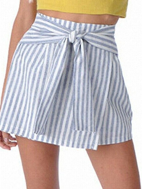 The Best Women Cotton&Linen Tennis High Waist Knot Skater Striped Pleated Flared A Line Circle Elastic Stretch Waist Short Mini Skirt Online - Takalr