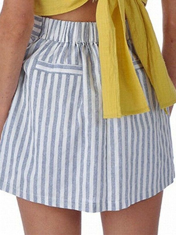 The Best Women Cotton&Linen Tennis High Waist Knot Skater Striped Pleated Flared A Line Circle Elastic Stretch Waist Short Mini Skirt Online - Takalr