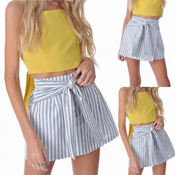 The Best Women Cotton&Linen Tennis High Waist Knot Skater Striped Pleated Flared A Line Circle Elastic Stretch Waist Short Mini Skirt Online - Takalr