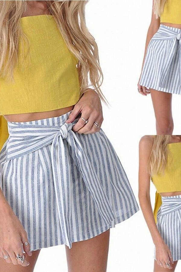 The Best Women Cotton&Linen Tennis High Waist Knot Skater Striped Pleated Flared A Line Circle Elastic Stretch Waist Short Mini Skirt Online - Takalr