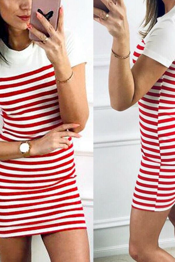 The Best Women Crew Neck Striped Short Sleeve Slim Fit T-shirt Dress Summer Ladies Casual Bodycon Mini Dresses Sundress Online - Takalr